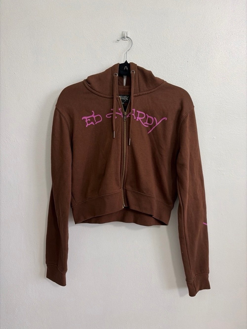 Ed Hardy Brown Zip Hoodie with Pink Script